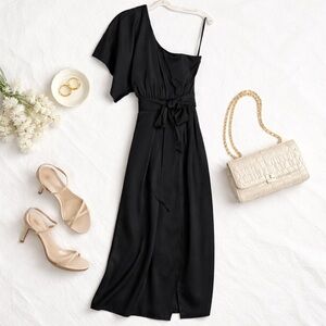 Black One Shoulder Midi Dress Tie Waist Elegant Wedding Guest Sz 4 NWT